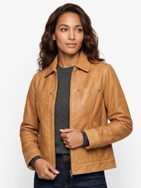 Talbots Petite Leather Jacket Tan Snap Front Classic Minimalist Size P